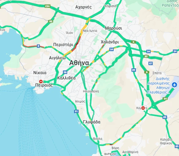 Η εικόνα στο λεκανοπέδιο στις 7:30 το πρωί της Δευτέρας (27/10). Google Maps