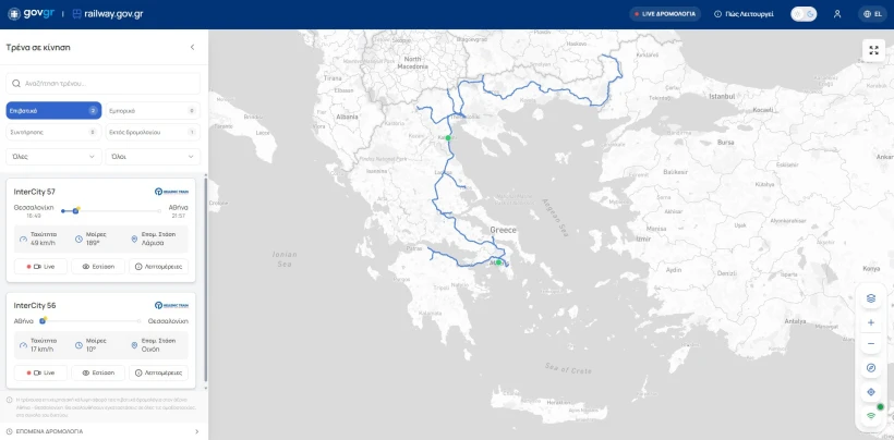 Από την 25η Φεβρουαρίου 2026, οι πολίτες έχουν πρόσβαση στην παρακολούθηση των επιβατικών τρένων που κινούνται στον άξονα Αθήνα – Θεσσαλονίκη
