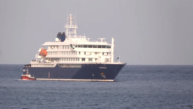 A boat beside cruise ship MV Hondius REUTERS TV