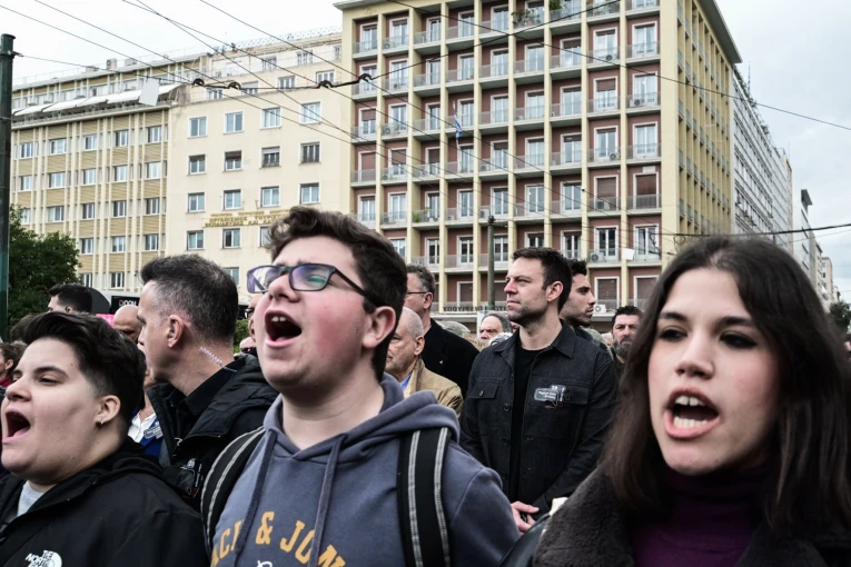 Ο Στέφανος Κασσελάκης στην πορεία για τον έναν χρόνο από την τραγωδία των Τεμπών / Eurokinissi