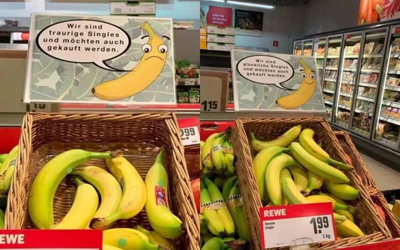          Researchers used safe and happy banana signage for a social experiment in a German supermarket chain (Svenja Gerecht/University of Bath/PA)     