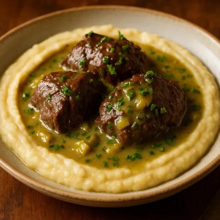 Μοσχαρίσια Μάγουλα φρικασέ με πουρέ σελινόριζας