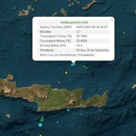 «Χορεύει» η Κρήτη: Νέος σεισμός 3,7 Ρίχτερ βόρεια του Ηρακλείου
