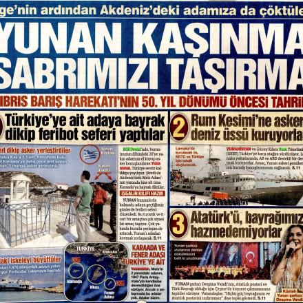 Εμπρηστικό πρωτοσέλιδο της τουρκικής εφημερίδας Σοτζού: «Έλληνα μην παίζεις με την υπομονή μας»