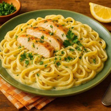 Συνταγή για κοτόπουλο με χυλοπίτες σε κρεμώδη σάλτσα λεμονιού και μυρωδικών