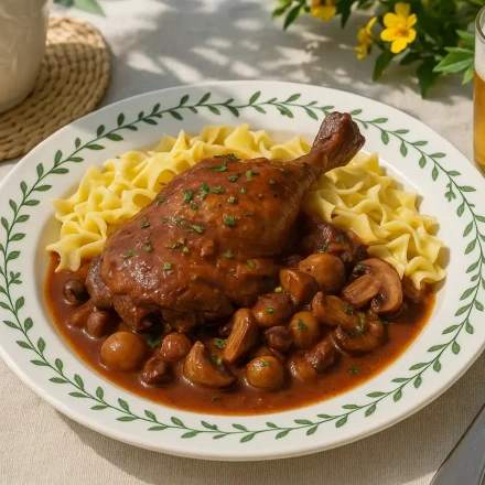 Αυθεντική συνταγή Coq au Vin ( κόκορας κρασάτος) με χυλοπίτες