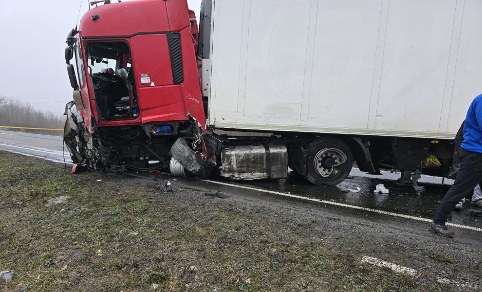 Η νταλίκα πάνω στην οποία έπεσε με σφοδρότητα το βαν στο οποίο επέβαιναν οι φίλοι του ΠΑΟΚ/Eurokinissi