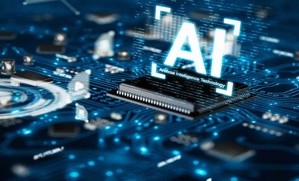 3D render AI artificial intelligence technology CPU central processor unit chipset on the printed circuit board for electronic and technology concept select focus shallow depth of field