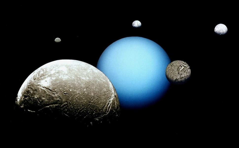 Uranus and its five major moons are depicted in this montage of images acquired by the Voyager 2 spacecraft. Miranda is the second largest moon in the photo. Credit: NASA/JPL, Public domain, via Wikimedia Commons. Uranus and its five major moons are depicted in this montage of images acquired by the Voyager 2 spacecraft. Miranda is the second largest moon in the photo. Credit: NASA/JPL, Public domain, via Wikimedia Commons.