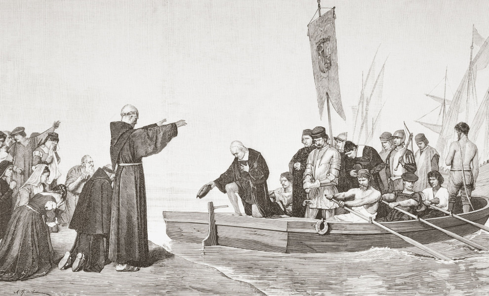 Ιερέας ευλογεί τον Χριστόφορο Κολόμβο και το πλήρωμα του πριν αναχωρήσει για τον Νέο Κόσμο (Photo by: Universal History Archive/Universal Images Group via Getty Images)
