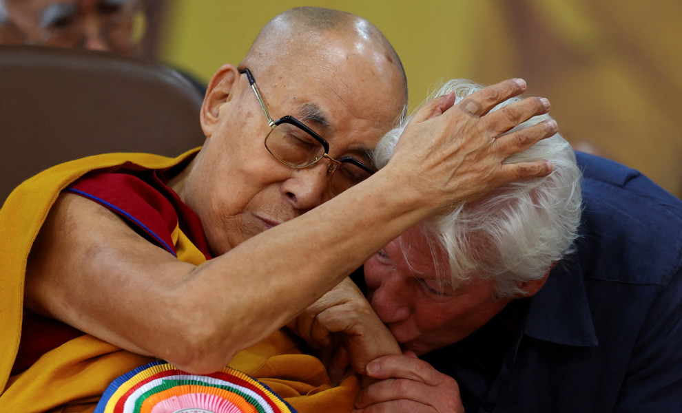 Actor Richard Gere kisses the hand of Tibetan spiritual leader, the 14th Dalai Lama, during his 90th birthday celebration at the Tsuglagkhang, also known as the Dalai Lama Temple complex, in the northern town of Dharamshala, India, July 6, 2025. REUTERS/A
