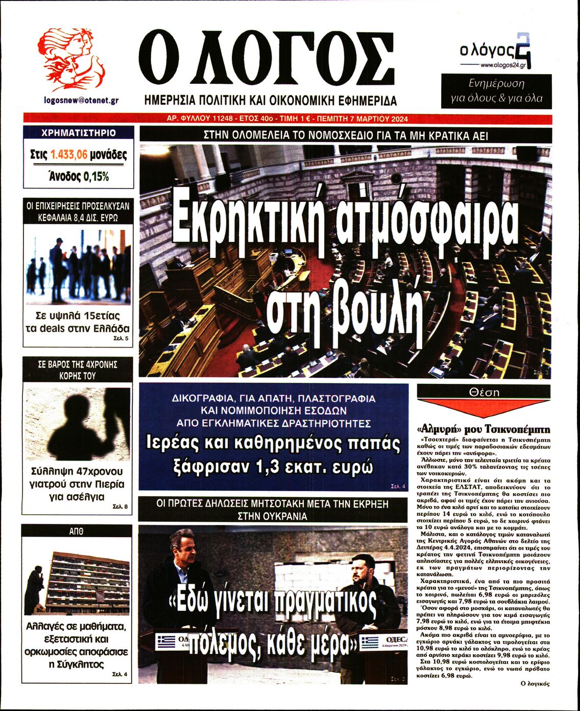 Πρωτοσέλιδο εφημερίδας Ο ΛΟΓΟΣ
