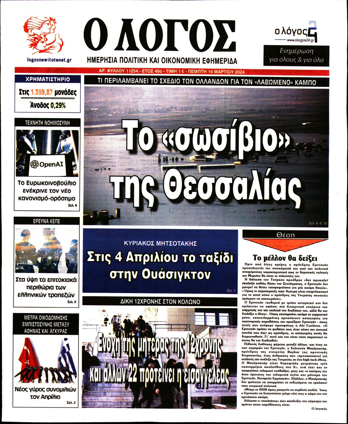 Πρωτοσέλιδο εφημερίδας Ο ΛΟΓΟΣ