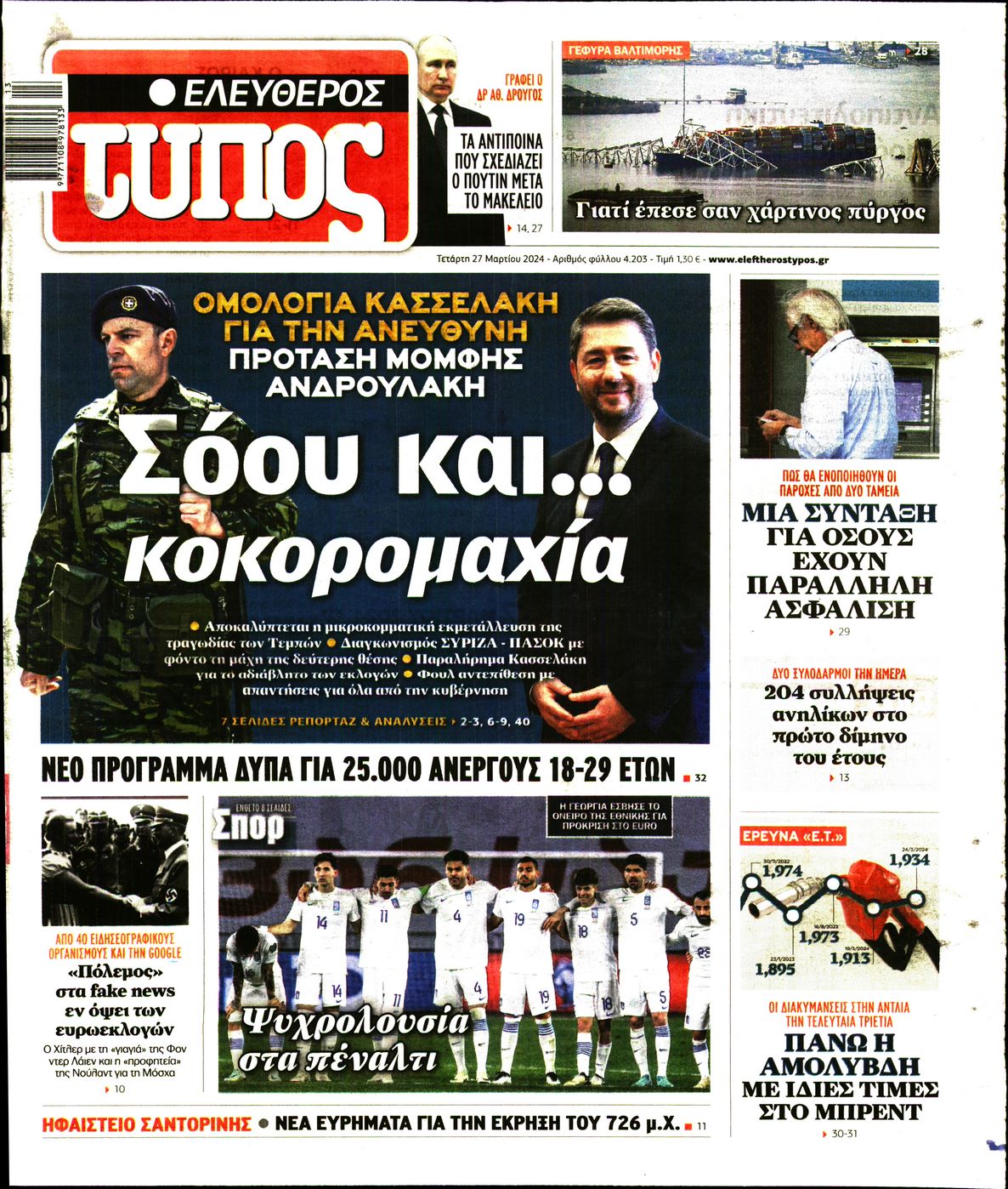 Πρωτοσέλιδο εφημερίδας ΕΛΕΥΘΕΡΟΣ ΤΥΠΟΣ