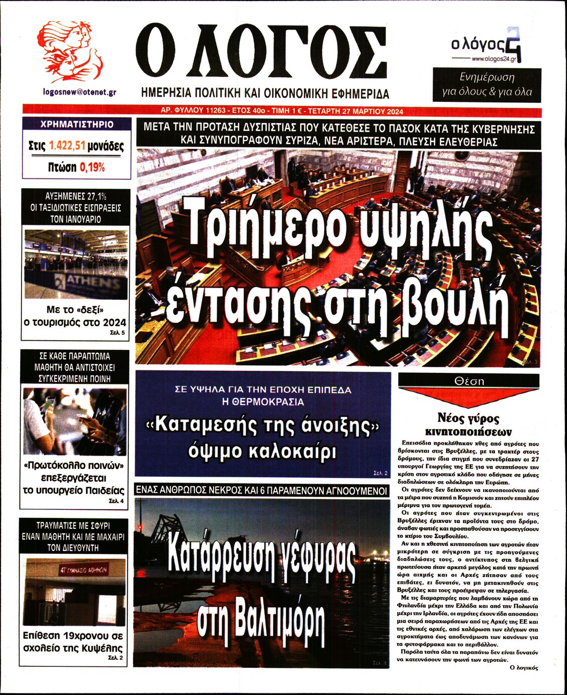 Πρωτοσέλιδο εφημερίδας Ο ΛΟΓΟΣ