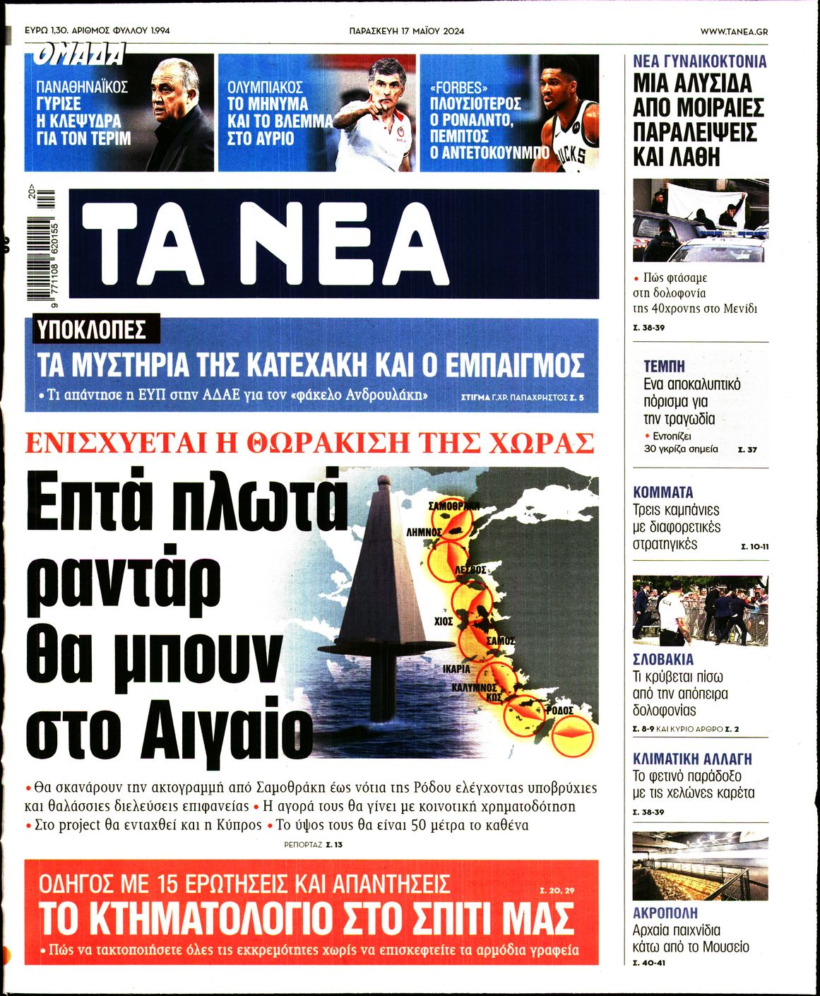 Πρωτοσέλιδο εφημερίδας ΤΑ ΝΕΑ
