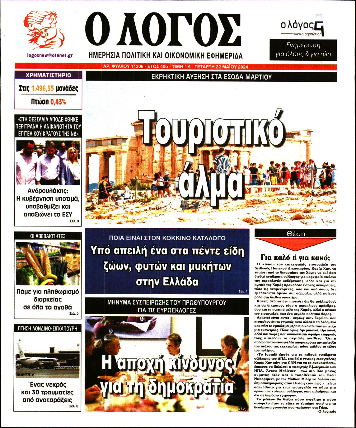 Πρωτοσέλιδο εφημερίδας Ο ΛΟΓΟΣ