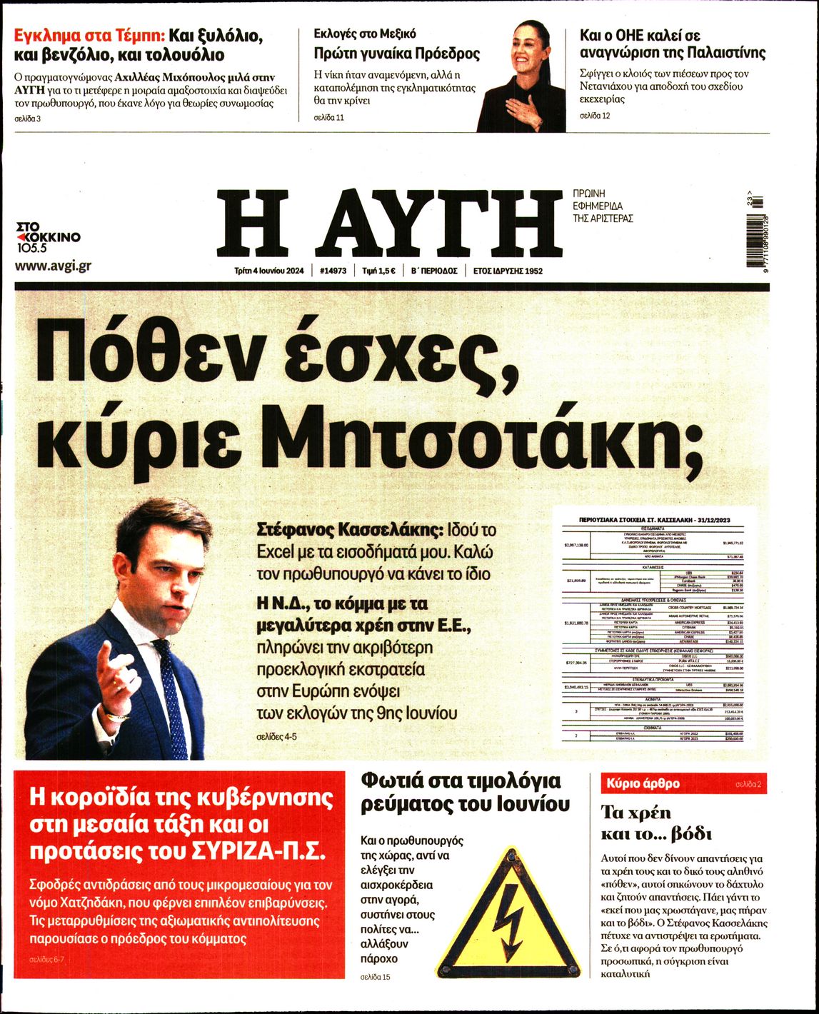 Πρωτοσέλιδο εφημερίδας ΑΥΓΗ