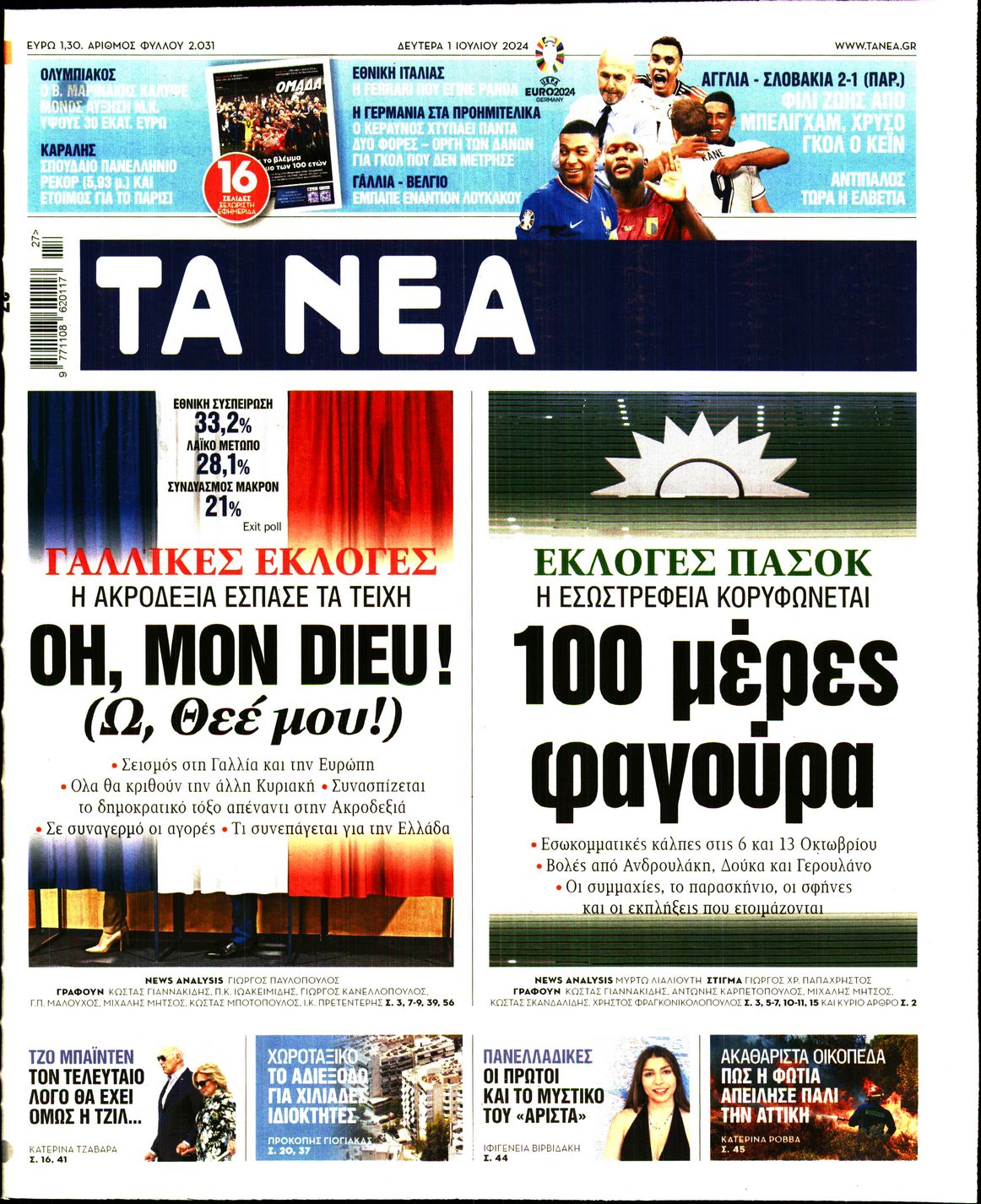 Πρωτοσέλιδο εφημερίδας ΤΑ ΝΕΑ