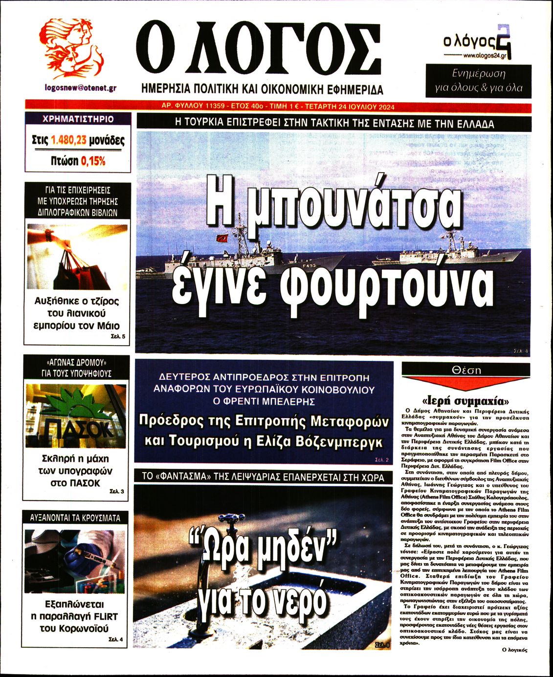 Πρωτοσέλιδο εφημερίδας Ο ΛΟΓΟΣ