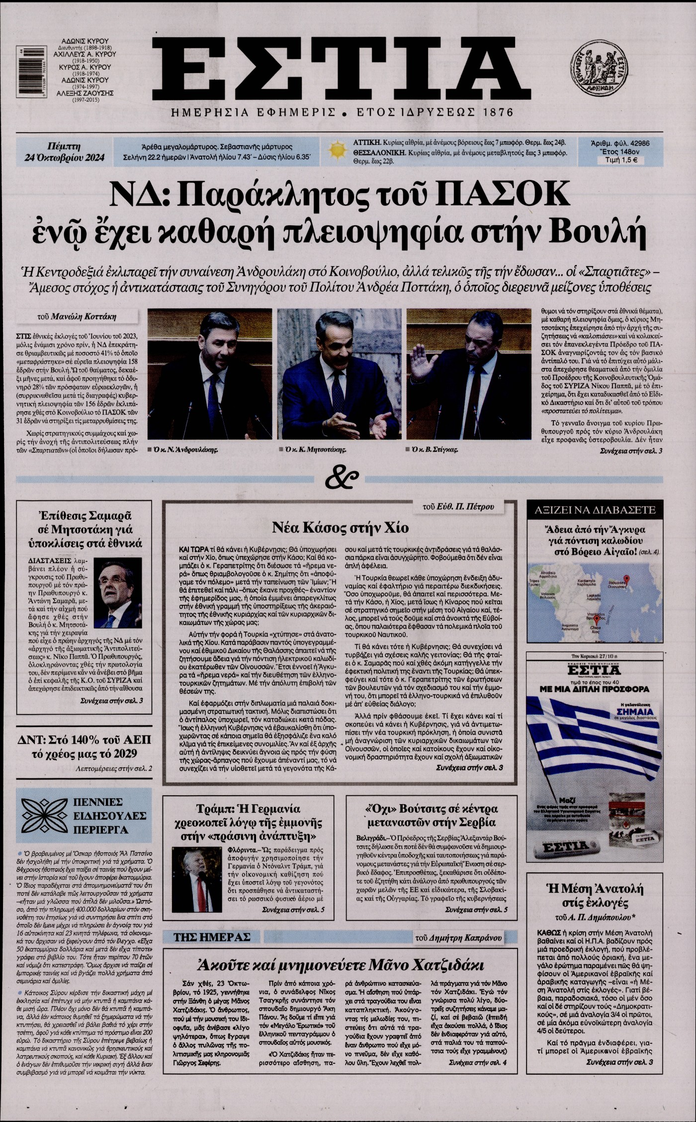 Πρωτοσέλιδο εφημερίδας ΕΣΤΙΑ