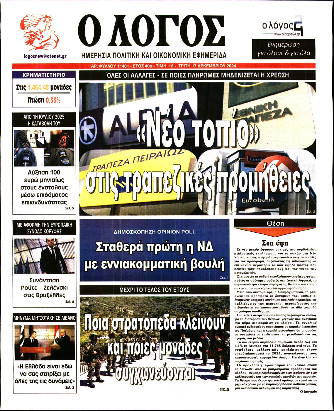 Πρωτοσέλιδο εφημερίδας Ο ΛΟΓΟΣ
