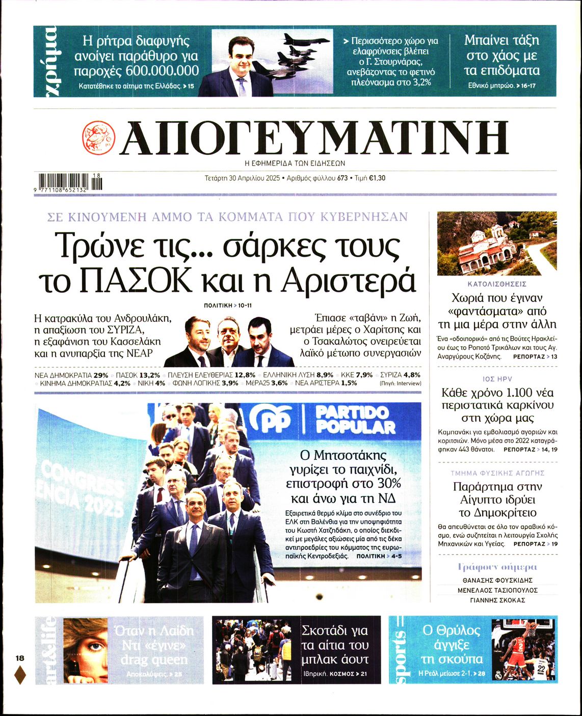 Πρωτοσέλιδο εφημερίδας ΑΠΟΓΕΥΜΑΤΙΝΗ