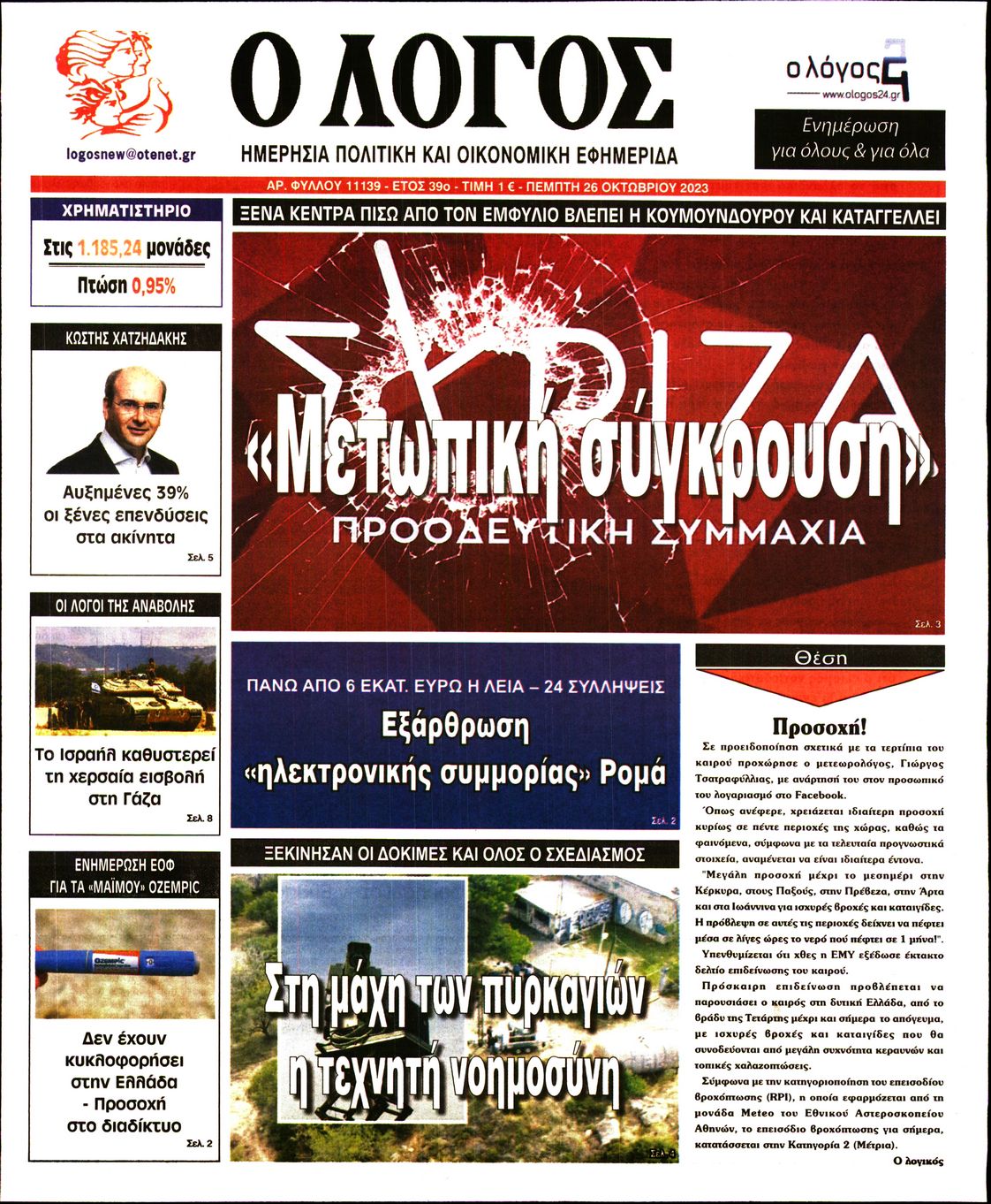 Πρωτοσέλιδο εφημερίδας Ο ΛΟΓΟΣ