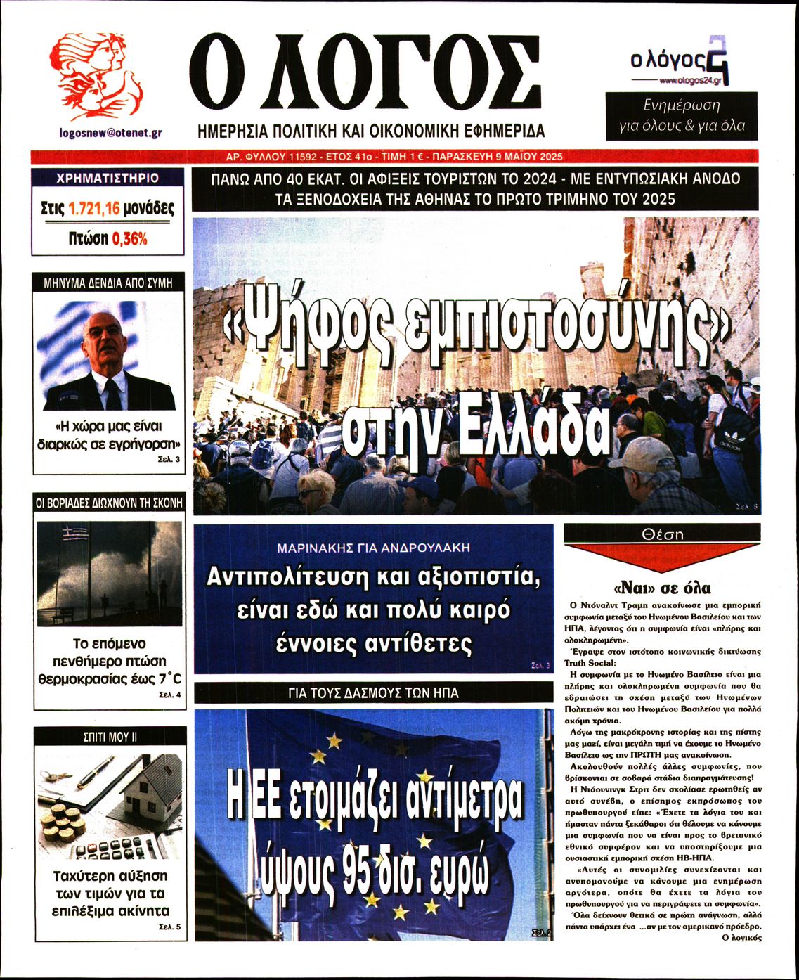 Πρωτοσέλιδο εφημερίδας Ο ΛΟΓΟΣ