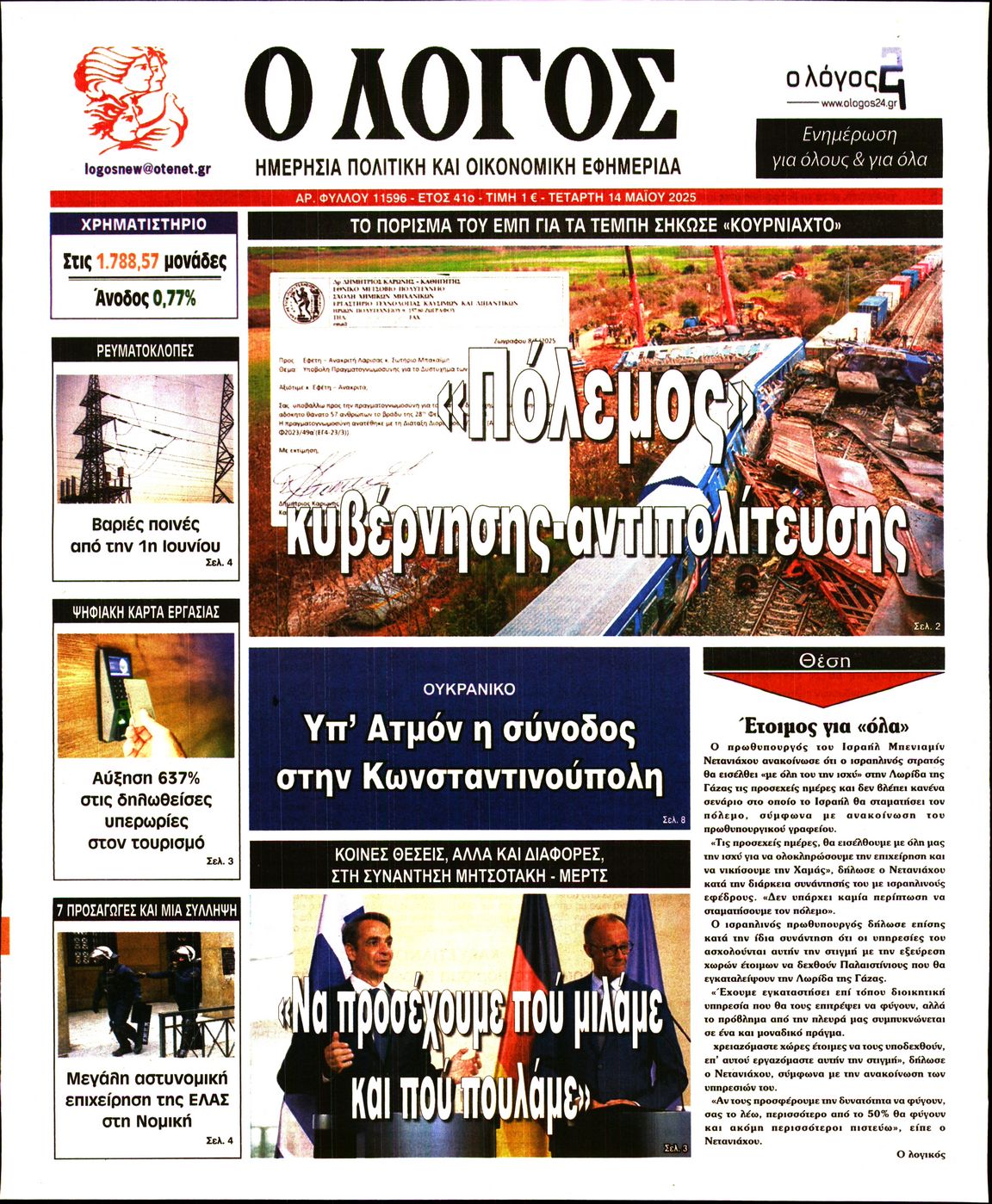 Πρωτοσέλιδο εφημερίδας Ο ΛΟΓΟΣ