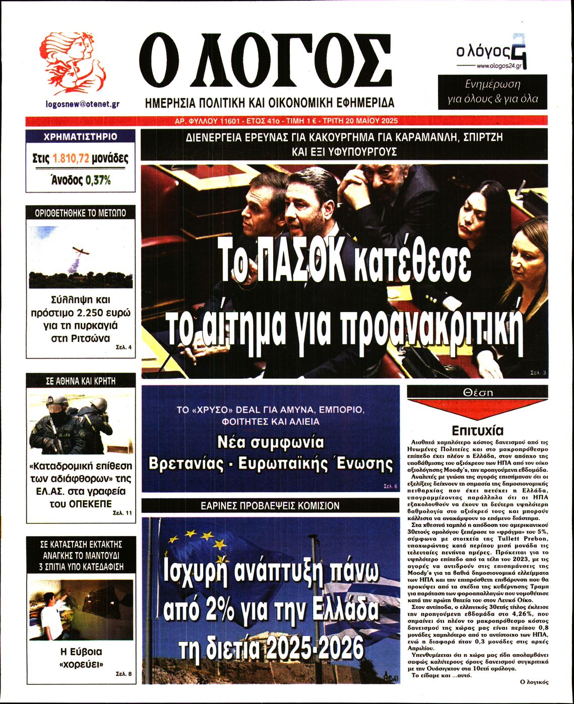 Πρωτοσέλιδο εφημερίδας Ο ΛΟΓΟΣ