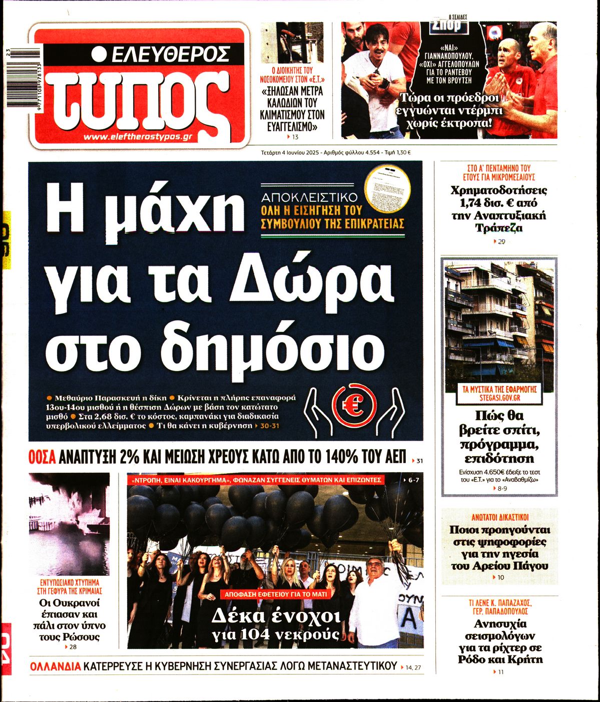 Πρωτοσέλιδο εφημερίδας ΕΛΕΥΘΕΡΟΣ ΤΥΠΟΣ
