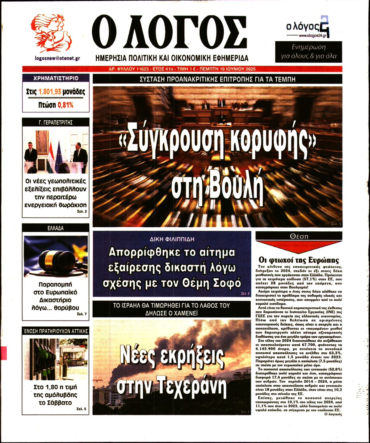 Πρωτοσέλιδο εφημερίδας Ο ΛΟΓΟΣ
