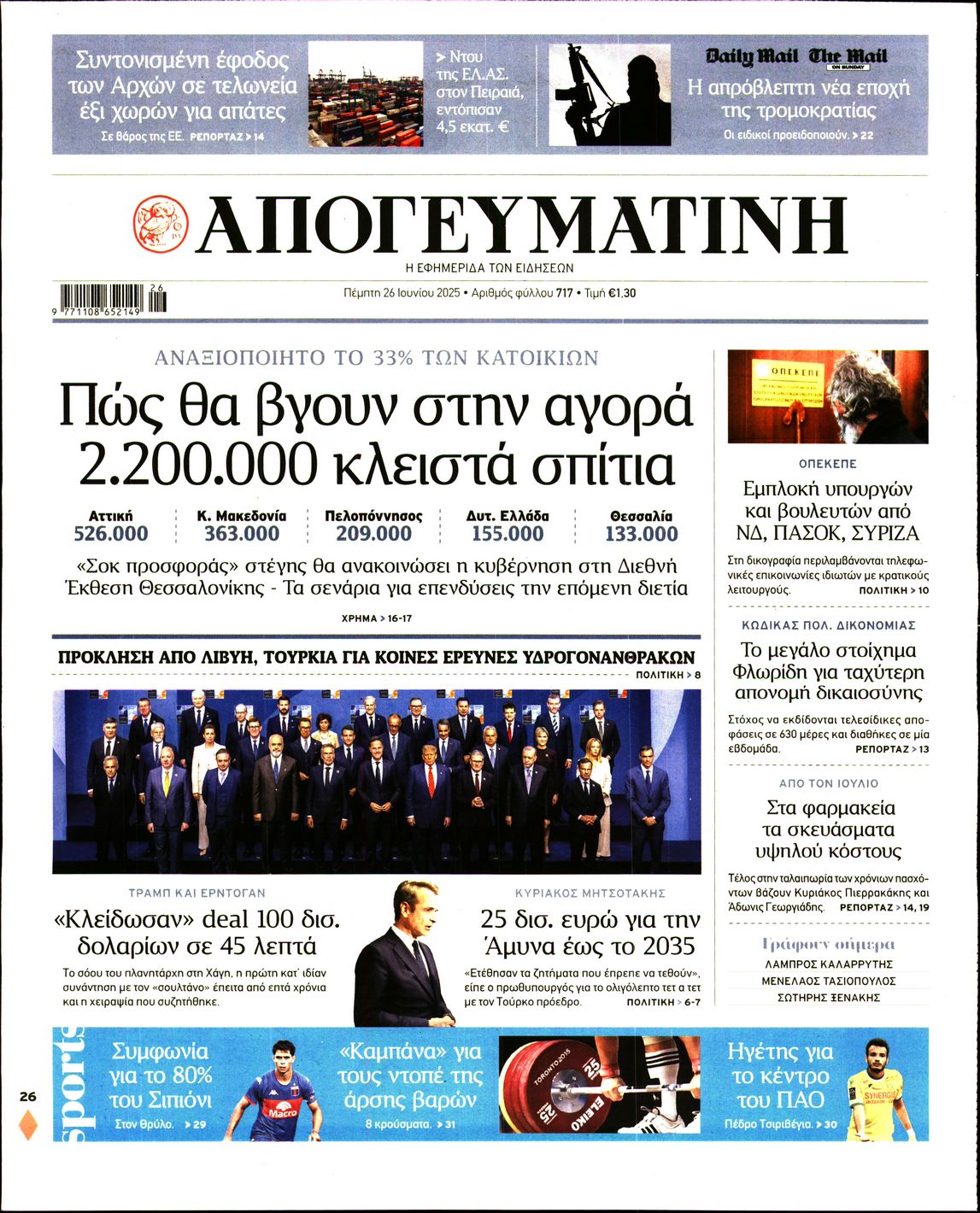 Πρωτοσέλιδο εφημερίδας ΑΠΟΓΕΥΜΑΤΙΝΗ