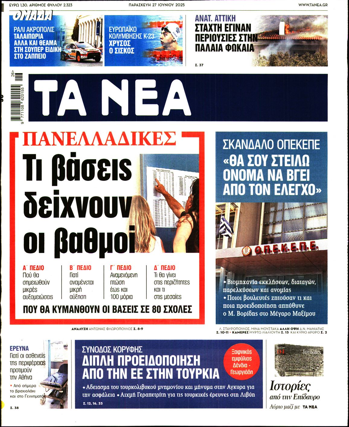 Πρωτοσέλιδο εφημερίδας ΤΑ ΝΕΑ