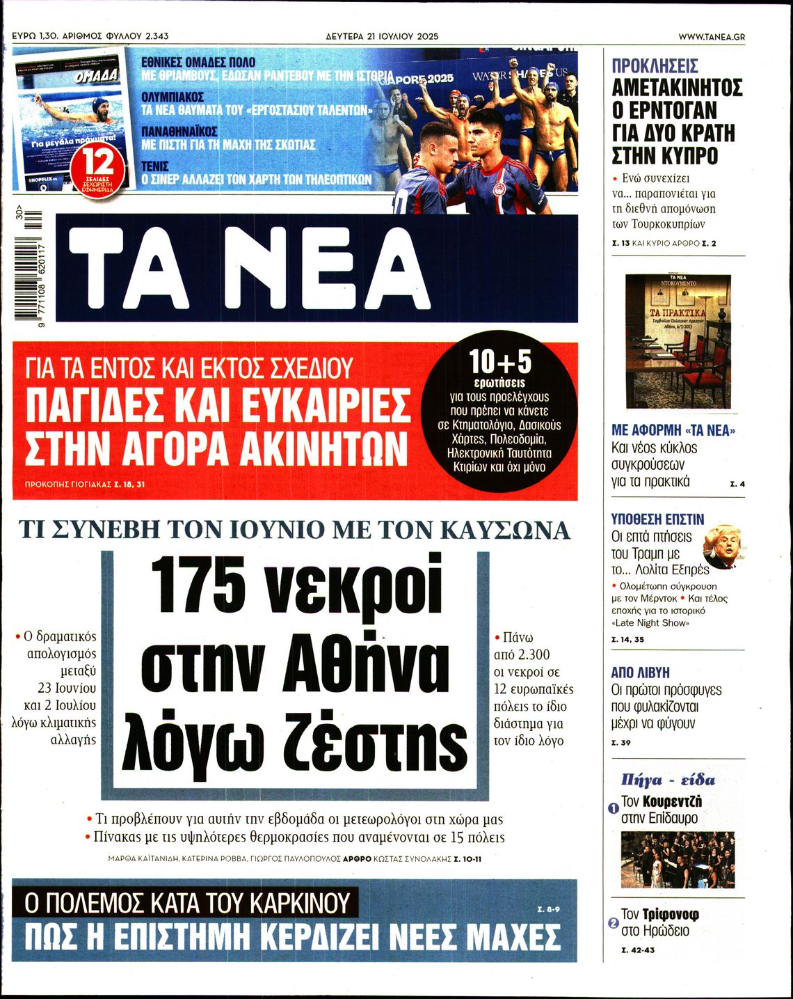Πρωτοσέλιδο εφημερίδας ΤΑ ΝΕΑ