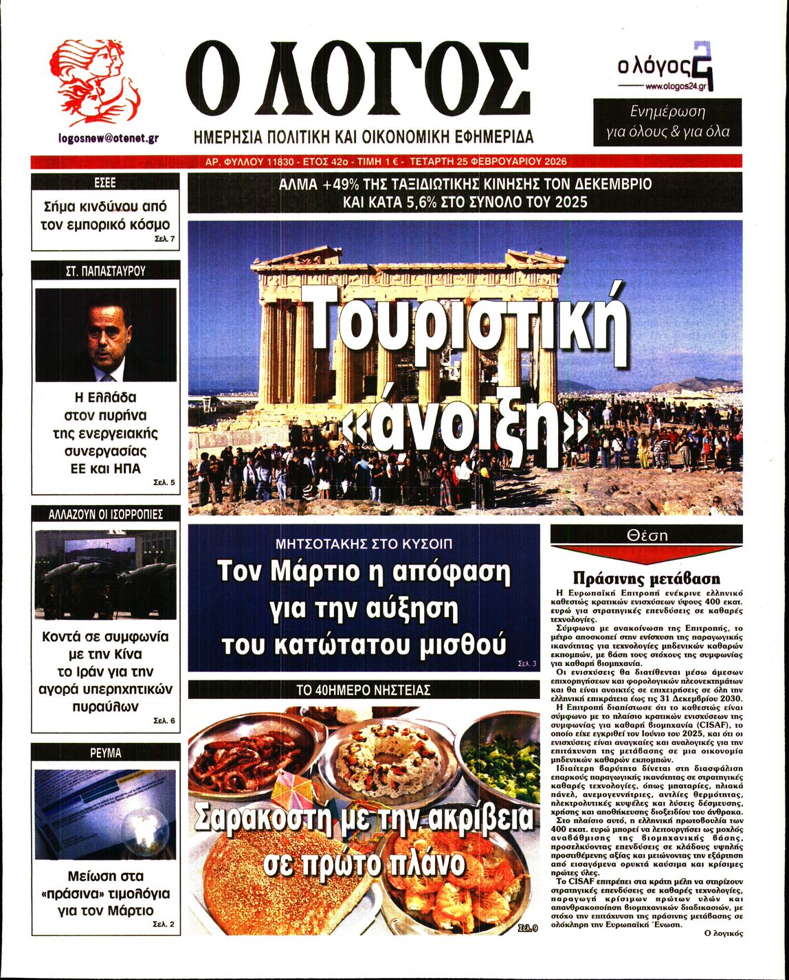 Πρωτοσέλιδο εφημερίδας Ο ΛΟΓΟΣ