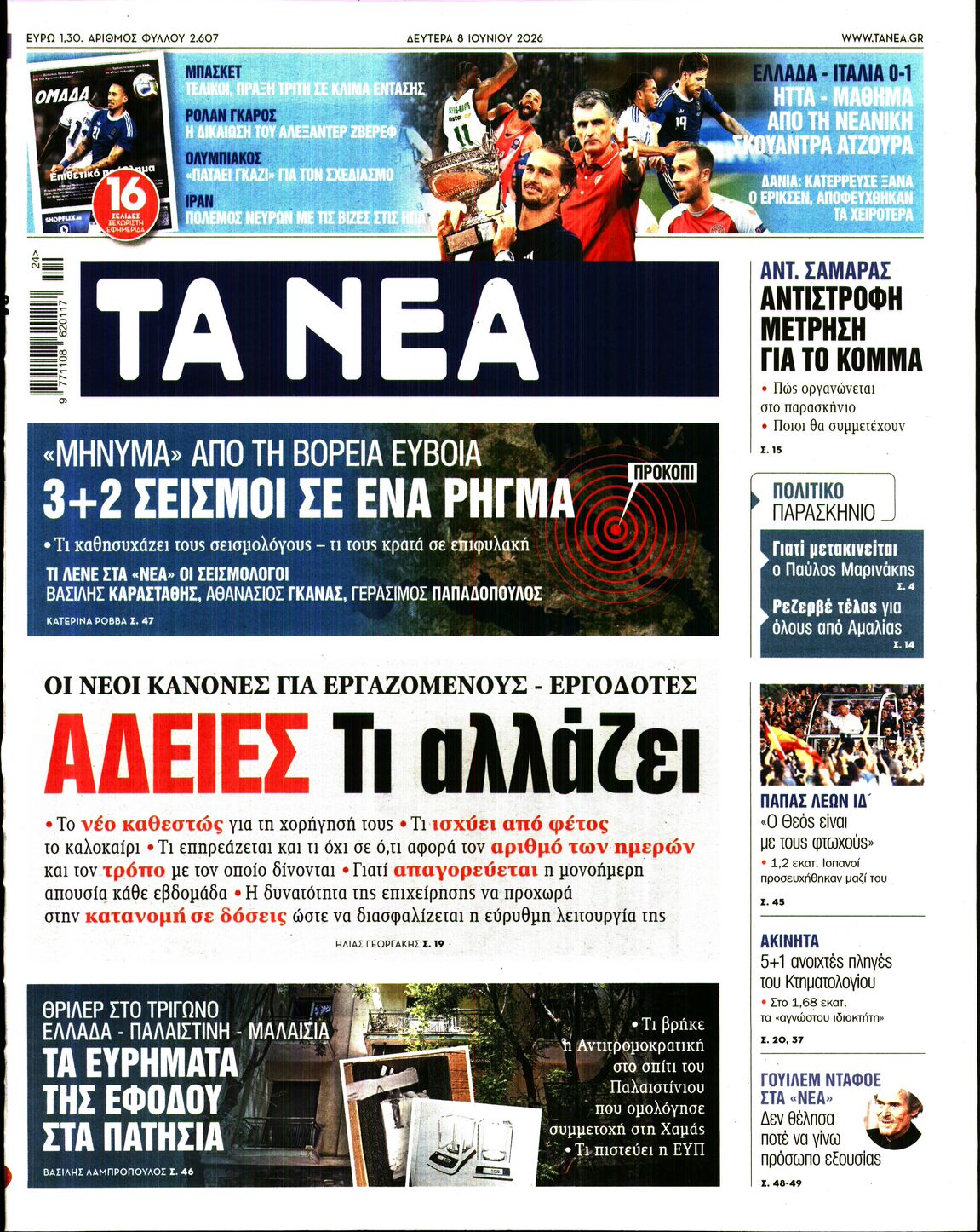 Πρωτοσέλιδο εφημερίδας ΤΑ ΝΕΑ