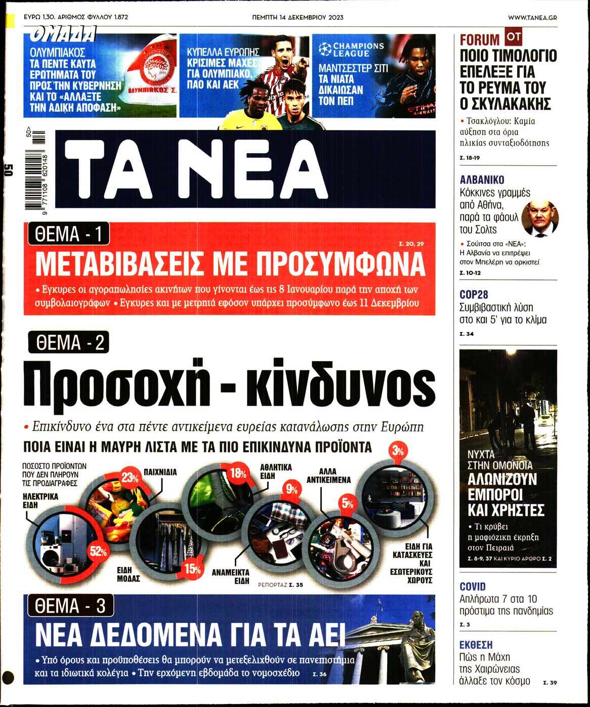 Πρωτοσέλιδο εφημερίδας ΤΑ ΝΕΑ