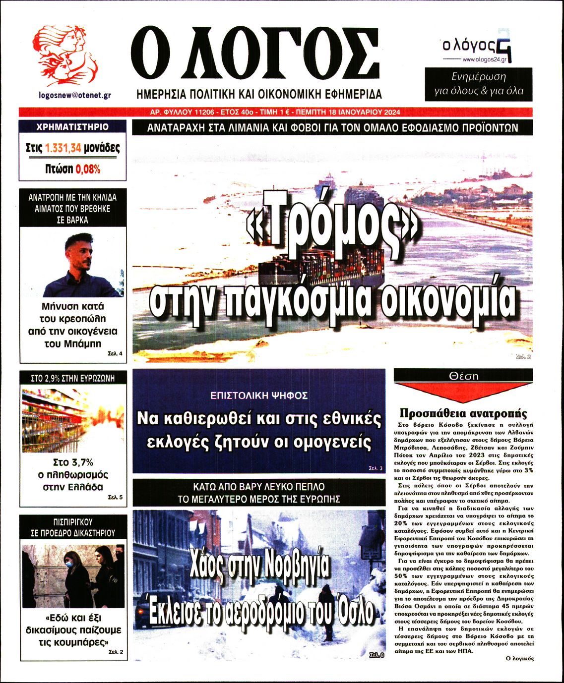 Πρωτοσέλιδο εφημερίδας Ο ΛΟΓΟΣ